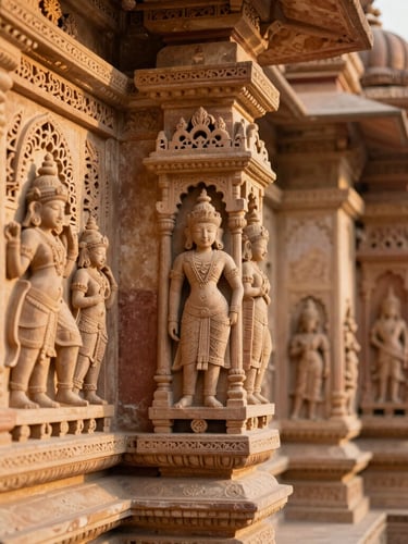 A close-up of intricate Mewari stone carvings on Udaipur City Palace walls, soft morning light, warm sandstone tones, shallow depth of field