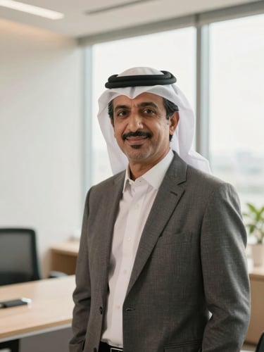 A warm editorial portrait of a Bahraini corporate leader in a clean, modern office setting, soft natural window light, professional and trustworthy expression, 35mm