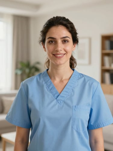 A warm editorial portrait of a professional female caregiver in a bright, modern Bahraini living room, natural daylight, soft professional tones, shallow depth of field, 35mm