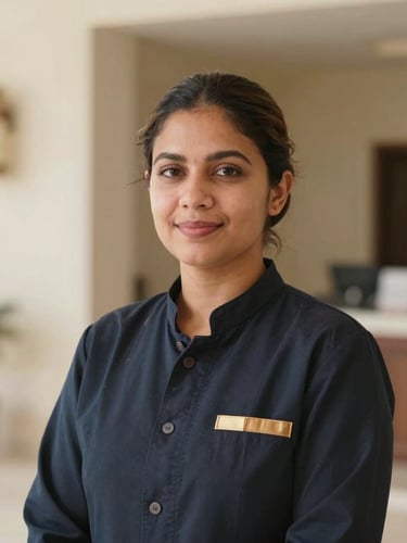 A professional portrait of a skilled hospitality worker in Bahrain, warm natural lighting, shallow depth of field, looking confident and dignified, 35mm