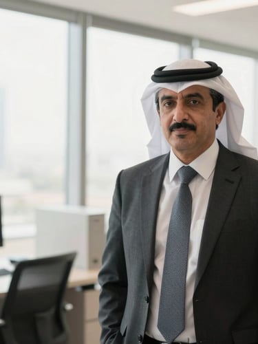 A dignified portrait of a professional Bahraini executive in a bright modern office, natural daylight, soft professional tones, 35mm photography