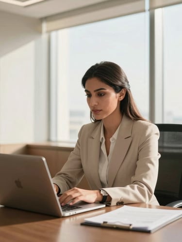 A professional corporate office in Manama, Bahrain. A medium shot of a focused Arab business woman in a modern meeting room with soft natural daylight filtering through large windows, 35mm, shallow depth of field.