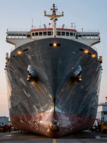 Dramatic high-contrast portrait of a massive steel cargo ship hull at drydock, cool steel tones warmed by amber safety lights, tight composition highlighting raw scale.