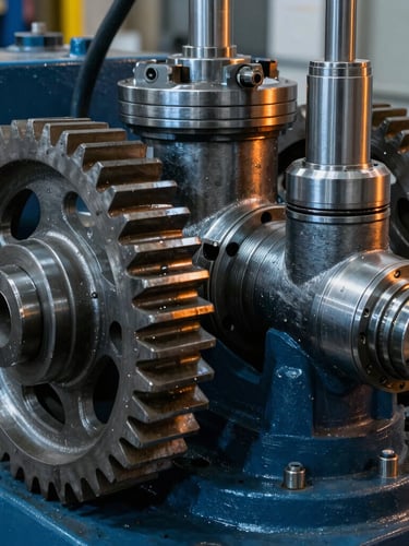 Close-up dramatic shot of heavy industrial machinery components, steel gears and hydraulic pistons, cool blue steel tones with warm amber backlighting, high-contrast, tactile details.