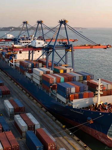 Dramatic high-angle shot of a deepwater cargo port at golden hour, massive container ships docked, towering steel gantry cranes casting long shadows over neat rows of shipping containers.
