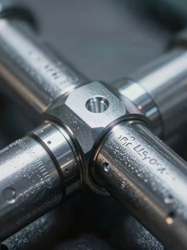 Macro close-up of heavy machined steel components with precise technical markings, cool industrial lighting.