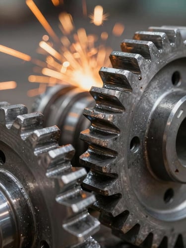 Macro close-up of heavy steel industrial gears, cool metallic lighting with warm orange sparks in the background, sharp technical focus on the gear teeth