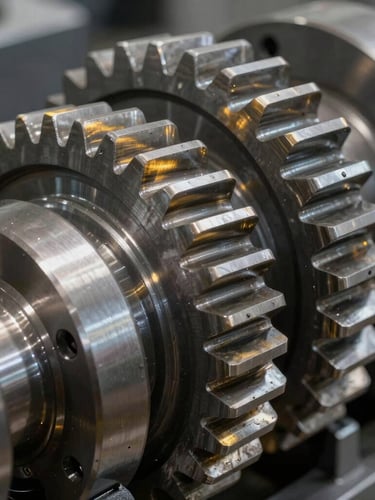 Close-up macro shot of heavy industrial machinery gears, cool metallic steel gray with sharp golden light reflecting off the teeth, pristine industrial precision.