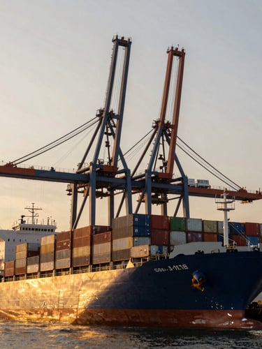 Dramatic low-angle shot of a massive container vessel docked at a deepwater port, towering steel cranes under a golden hour sky.