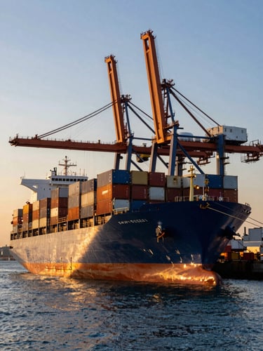Dramatic low-angle shot of a massive container ship docked at a deepwater port during golden hour, towering steel cranes framing the vessel, warm amber industrial lights reflecting on cool maritime blue water, high-contrast composition.