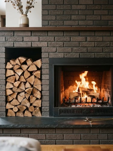Pristine, clean hearth with a neatly stacked pile of firewood, warm glow from an unseen fire, crisp natural daylight, rich charcoal and warm brick tones, sharp focus, 35mm lens, editorial lifestyle photography