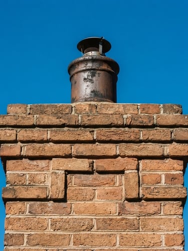 Close-up of a clean historic brick chimney cap against a clear blue New England sky, bright natural daylight, sharp focus, 35mm lens