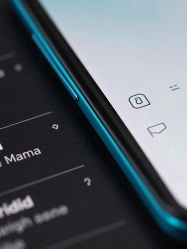 Extreme close-up of physical Android flagship screen edge, cyan rim light reflecting off matte glass, showing high-density UI layout.