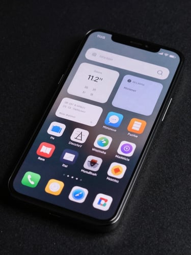 Angled high-fidelity mockup of a premium Android phone screen displaying a dense, customized launcher layout with clean monospace widgets.