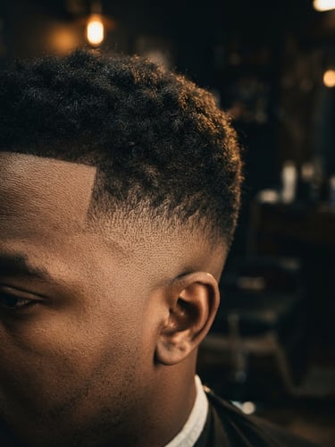 Moody editorial photography of a flawless skin fade haircut on a client, tight macro shot, high-contrast dark background, warm golden accent lighting, sharp focus on hair texture, 35mm lens