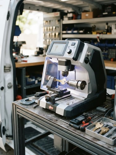 Sharp commercial photography of a high-tech laser key-cutting machine operating inside a modern service van, high-contrast metallic textures, bright daylight, 35mm