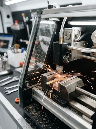 Close-up of a modern laser key-cutting machine operating inside a clean mobile van, metal shavings catching the bright interior light, 35mm