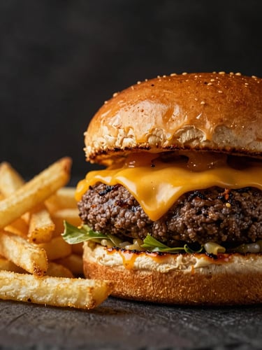 Dramatic close-up of a massive coastal burger with a crispy melted cheese skirt, golden fries, dark moody background, warm golden highlights.