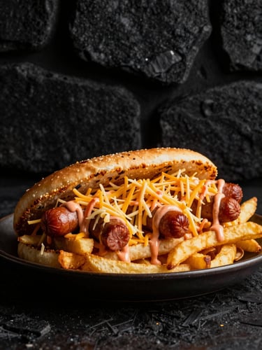 Dramatic side-lit shot of a massive salchipapa platter piled high with crispy fries, shredded cheese, sausage, and drizzled with pink sauce, dark charcoal background, warm golden highlights.