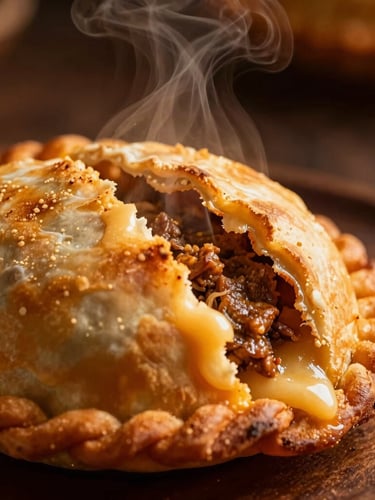 Extreme macro close-up of a golden-brown, crispy coastal empanada being cracked open, steam rising, melting cheese and seasoned meat filling visible, dark moody background with warm orange light.