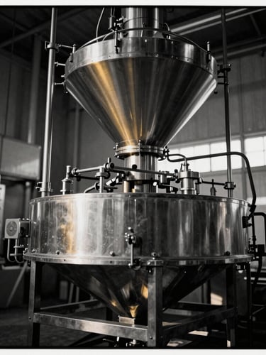 Low-angle heroic perspective of a modern automated food processing facility, dramatic side-lighting, high contrast black and white tones with subtle gold reflections, medium format film.