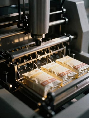 Close-up of clean automated packaging machinery processing consumer staple goods, dramatic side-lighting highlighting metallic textures, high contrast black and gold tones, medium format film.