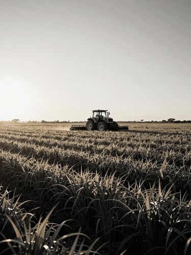 Wide environmental landscape of an African crop field at golden hour, a modern tractor harvesting in the distance, dramatic low-angle sun, high contrast black and gold tones, medium format film.