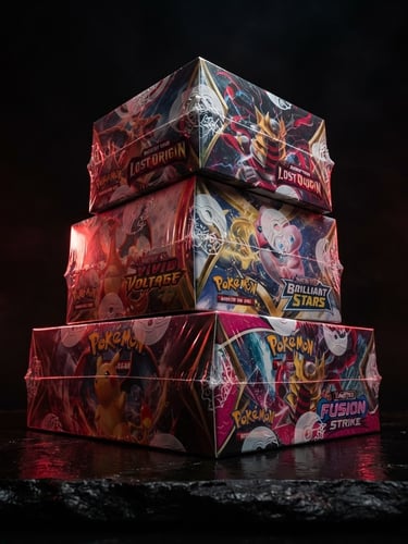 Dramatic low-angle product photography of sealed Pokémon TCG Booster Boxes stacked on a dark obsidian surface, sharp crimson red rim lighting highlighting the pristine plastic factory wrap, high-contrast studio setup, 8k resolution