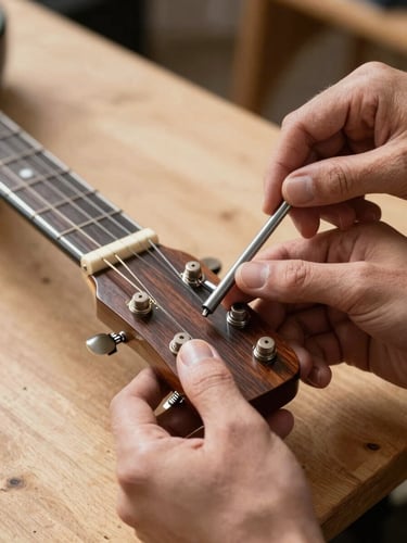 Close-up of hands adjusting a guitar truss rod with an Allen wrench at the headstock, natural workshop daylight, fretboard detail visible, neutral wooden bench surface