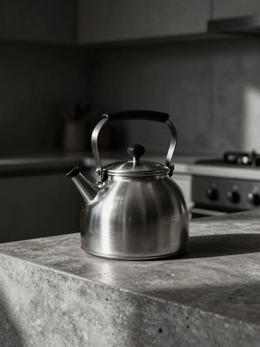 Dramatic industrial product photography of a heavy-gauge brushed steel kettle on a raw concrete kitchen counter, harsh side-lighting, deep shadows, minimalist architectural environment, 50mm lens