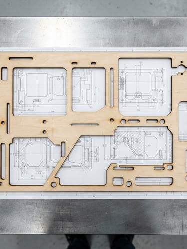 Overhead flat-lay of a laser-cut plywood template resting on a clean steel workbench, crisp edges, technical drawing visible underneath, bright workshop lighting