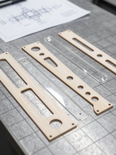 Overhead flat-lay of highly precise laser-cut plywood and acrylic templates resting on a clean, gridded steel workbench, technical drawing visible in background, 50mm lens