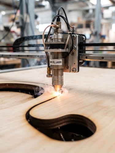Macro close-up of a 150W CO₂ laser head cutting clean edges on thick birch plywood, bright industrial workshop setting, high contrast