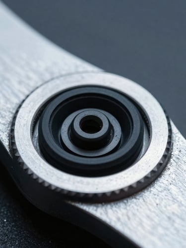Extreme macro shot of a physical metal checking gauge holding a black rubber seal profile, high-contrast cool studio lighting, metallic reflections.