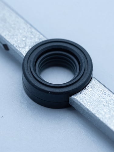 Extreme macro studio photograph of a physical metal gauge holding a black rubber seal profile, cool blue lighting, high-precision industrial details