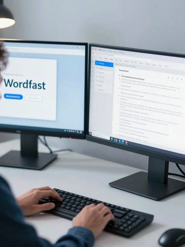 Focused individual looking at a dual-monitor setup showing Wordfast interface, soft desk-lamp glow, clean workspace, minimal slate and blue tones, shallow depth of field.