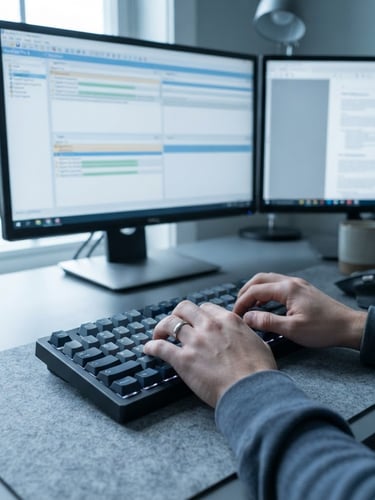 Close-up of hands typing on a clean mechanical keyboard, with a dual-monitor setup showing Wordfast interface, cool daylight, minimal slate and blue tones, shallow depth of field.