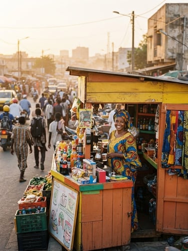 Vibrant yellow and terracotta StarKif kiosk on a bustling Dakar street, warm golden-hour sun, local entrepreneur smiling confident, 35mm photography