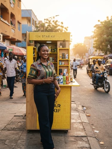 Confident young African entrepreneur standing next to a modern yellow StarKif kiosk on a bustling street in Dakar, warm golden-hour sun, vibrant lifestyle photography