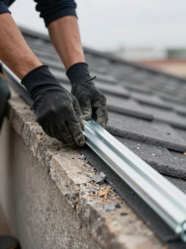 Close-up of a roofer's gloved hands pressing a zinc flashing strip against a stone parapet, overcast daylight, texture of mortar and metal visible, low angle showing roof surface receding behind