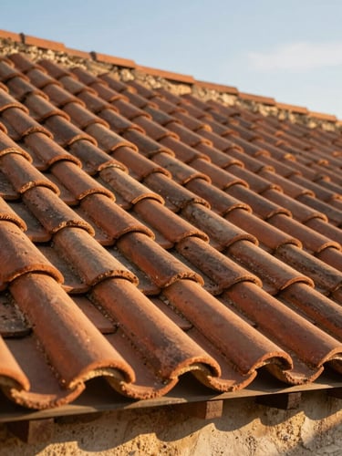 Tight portrait framing of a completed terracotta tile roofline on a Languedoc farmhouse, late afternoon golden light raking across the ridge, sky visible in upper corner, no people