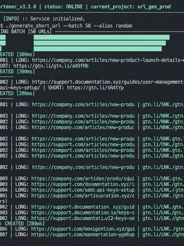 Sharp straight-on digital screenshot of a sleek monospaced terminal interface generating short URLs, dark slate background with glowing mint-green text and borders