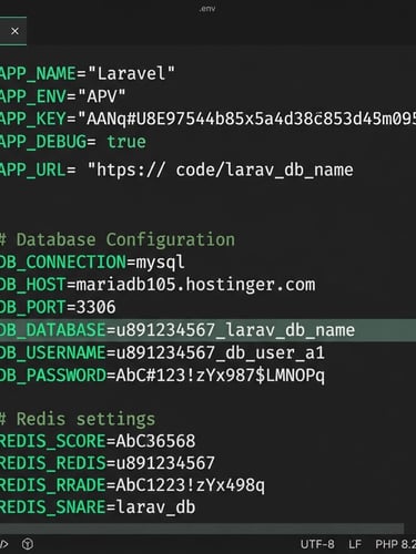 Sharp digital screenshot of a clean Laravel .env file with Hostinger database credentials, high-contrast dark slate background, mint-green syntax highlighting, crisp monospaced typography