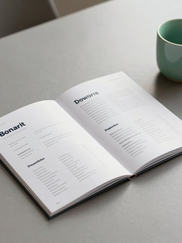 Angled close-up mockup of a clean corporate brochure layout resting on a minimalist warm gray desk next to a soft green ceramic cup, diffused natural daylight.