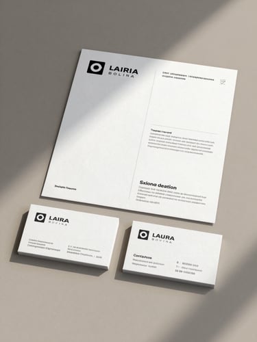Straight-on flat lay of printed brand collateral and business cards on a warm gray surface, soft diffused natural light, clean composition.