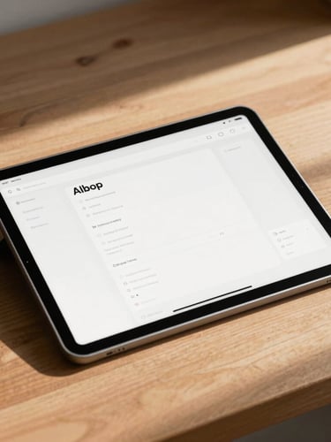 Angled mockup of a clean digital interface displayed on a tablet computer resting on a wooden studio desk, warm natural morning light.