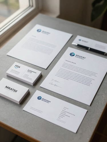 Straight-on flat lay of printed brand collateral, business cards, and letterheads on a warm gray surface under soft natural window light.