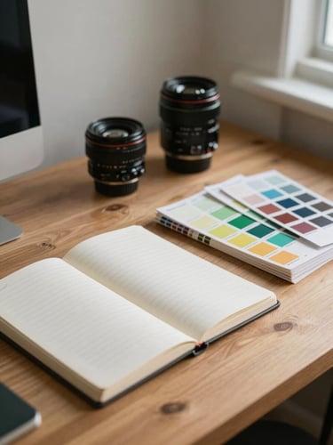 An organized, welcoming design studio corner with a wooden desk, a clean notebook, and a physical color swatch book, soft diffused natural light, warm tones.