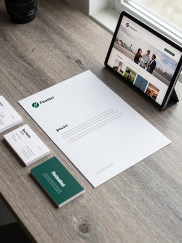 Straight-on clean flat lay of printed brand collateral, business cards, and a modern tablet displaying a website on a warm gray wooden surface under soft natural window light.