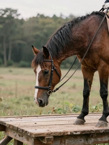 A calm bay horse carefully placing its hoof on a sturdy wooden bridge, guided by a rider with loose reins, soft natural overcast daylight, forest background